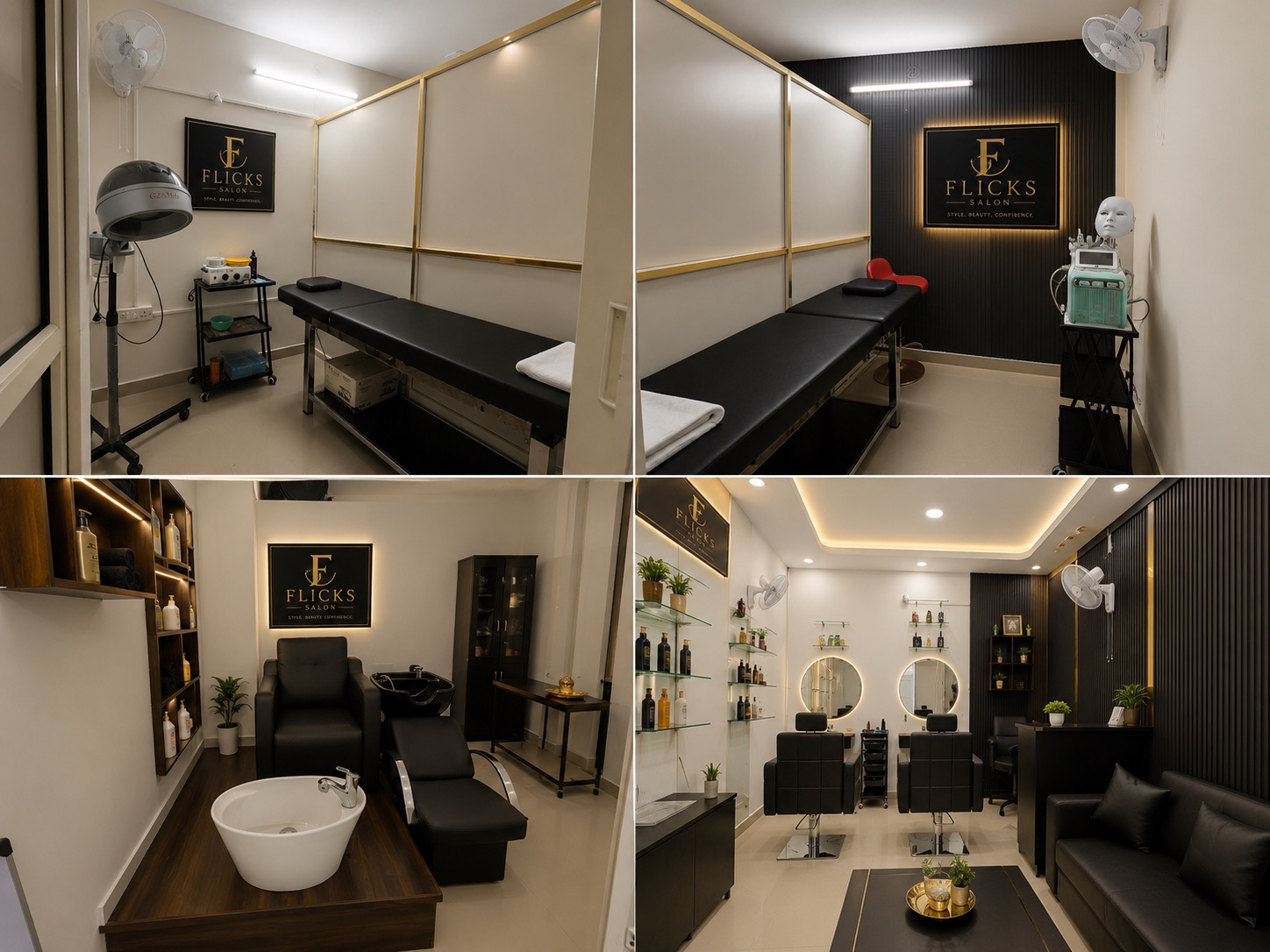 The styling floor at Flicks Salon — black panelling, gold trim and backlit round mirrors